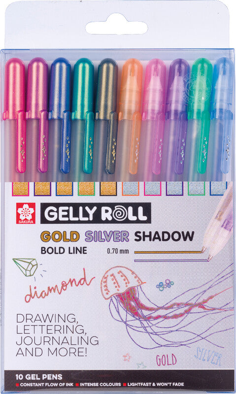 Sakura Gelly Shadow Gelschreiber 10er Set – 10 Farben, 0,7 mm, für dunkles Papier, Kappe