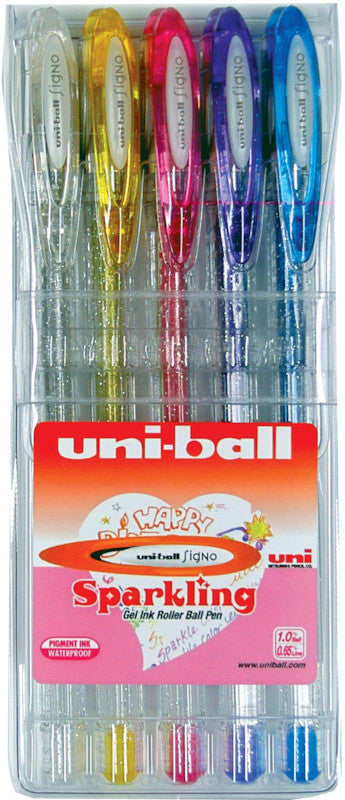 Uni-Ball Signo Sparkling – Tintenroller-Set, mit Kappe, 0,7 mm, farbig sortiert, 5er Etui, für Linkshänder