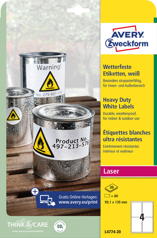 Avery Druckeretiketten, 99 mm × 139 mm, weiss, Folie, extra stark, 20 Blätter (80 Etiketten)
