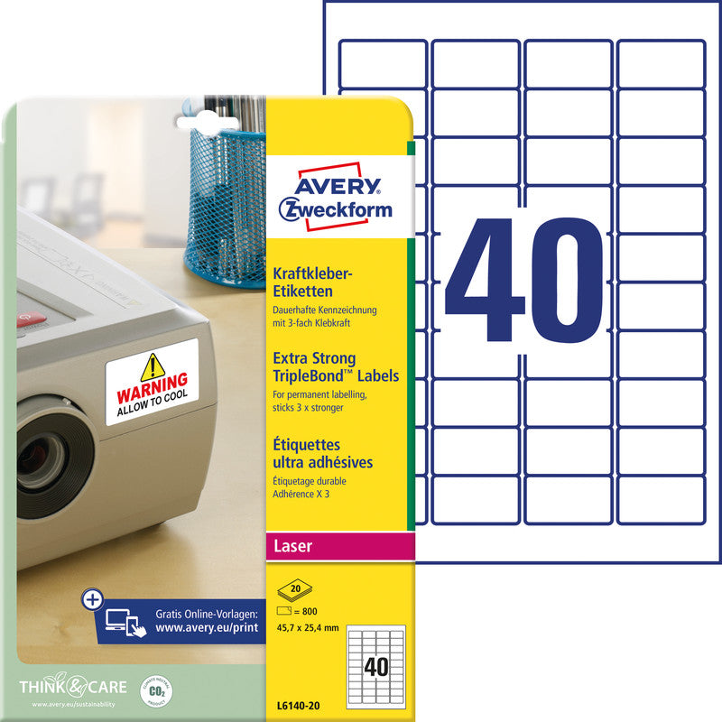 Avery Drucketiketten, 46 mm × 25 mm, weiss, Folie, extra stark, 800 Etiketten (20 Blatt)