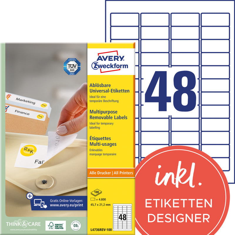 Avery Drucketiketten, 46 mm × 21 mm, weiss, Papier, wiederablösbar, Packung 100 Blatt (4'800 Etiketten)