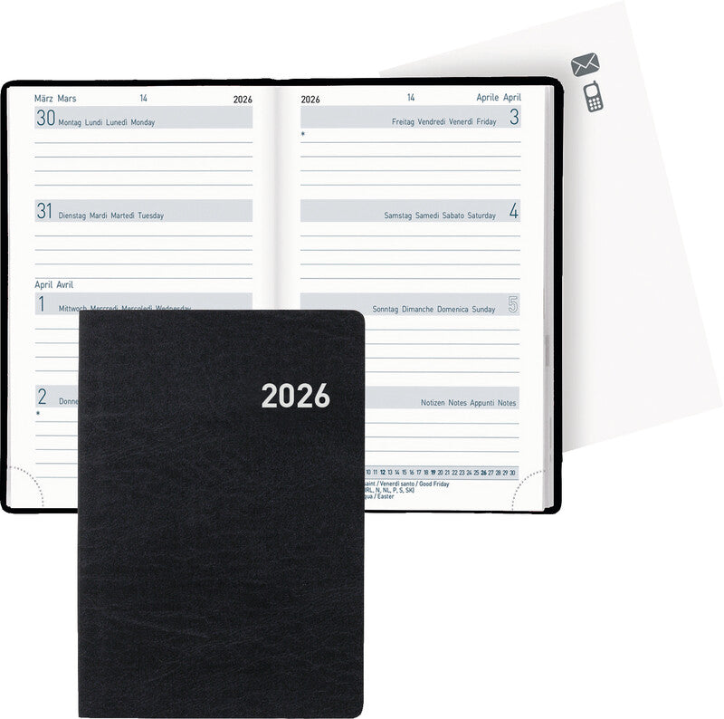 Biella Taschenagenda – 1 Woche/2 Seiten, gebunden, 7,6 × 11,0 cm, Jan–Dez, mehrsprachig, schwarz, FSC