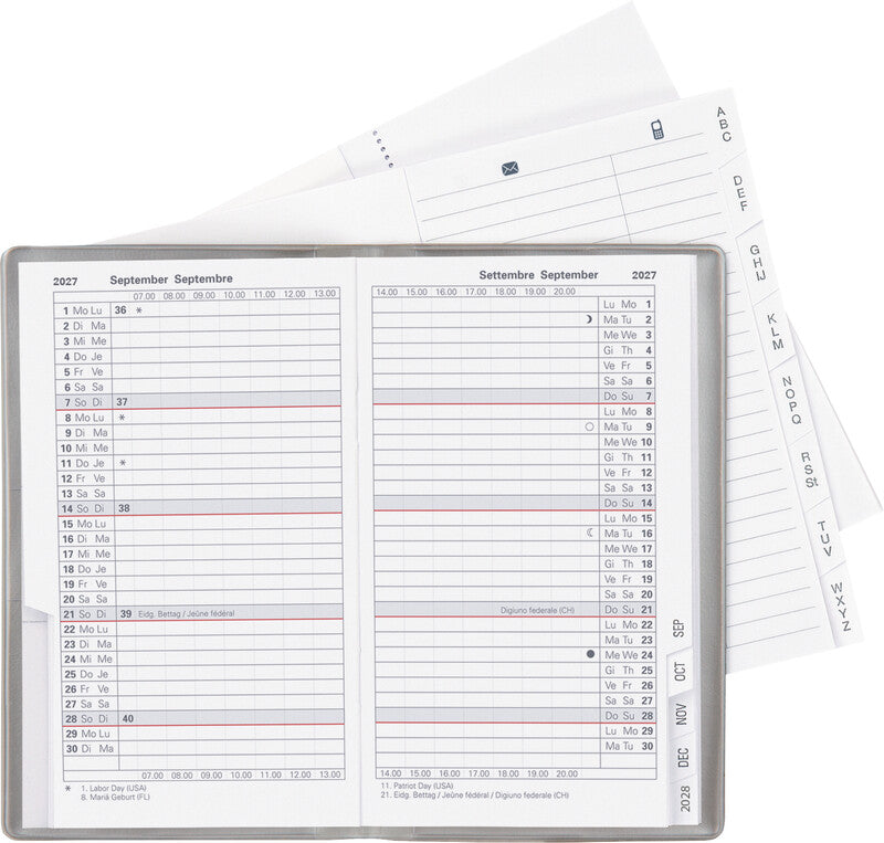 Biella Planer Paris Agenda – 1 Monat/2 Seiten, geheftet, 7,5 × 12,6 cm, 15 Monate Okt–Dez, 2027, silber, PEFC