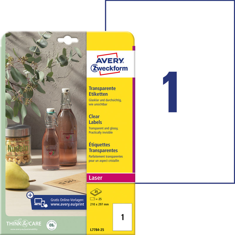 Avery Folienetiketten, 210 mm × 297 mm, transparent, Folie, permanent