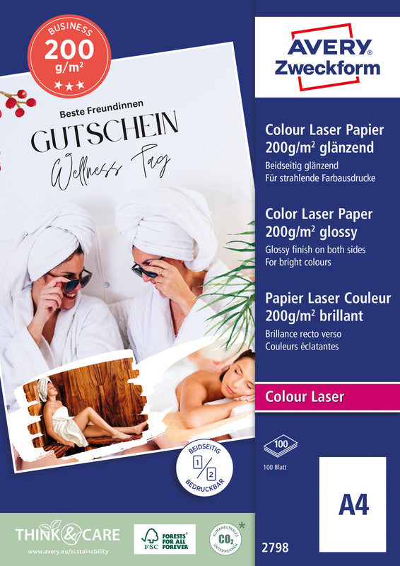 Avery Fotopapier – hochglänzend, A4, 200 g/m², 100 Blatt, beidseitig – für Farblaserdrucker