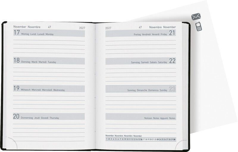 Biella Memento Agenda – 1 Woche/2 Seiten, gebunden, 10,1 × 14,2 cm, 2027, Schwarz, FSC
