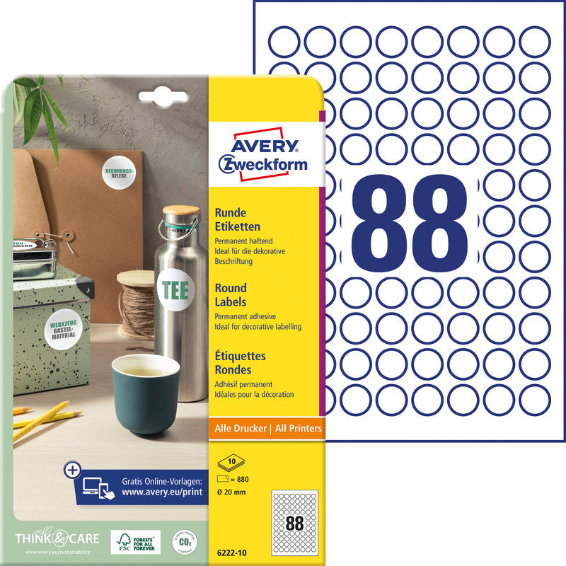 Avery Druckeretiketten, Ø 20 mm, weiss, Papier, permanent, 880 Etiketten (10 Blatt)