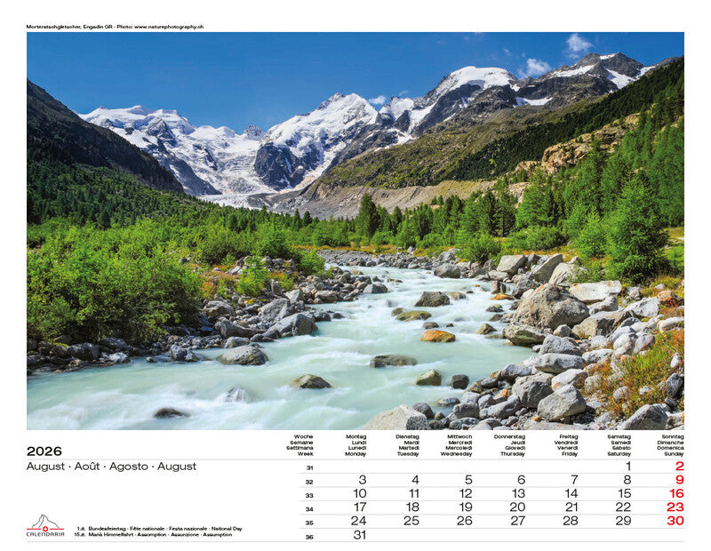 Calendaria Bildkalender Swiss Panorama 2026 – 40 × 31 cm – mit Aufhänger, mit Kartonrückwand