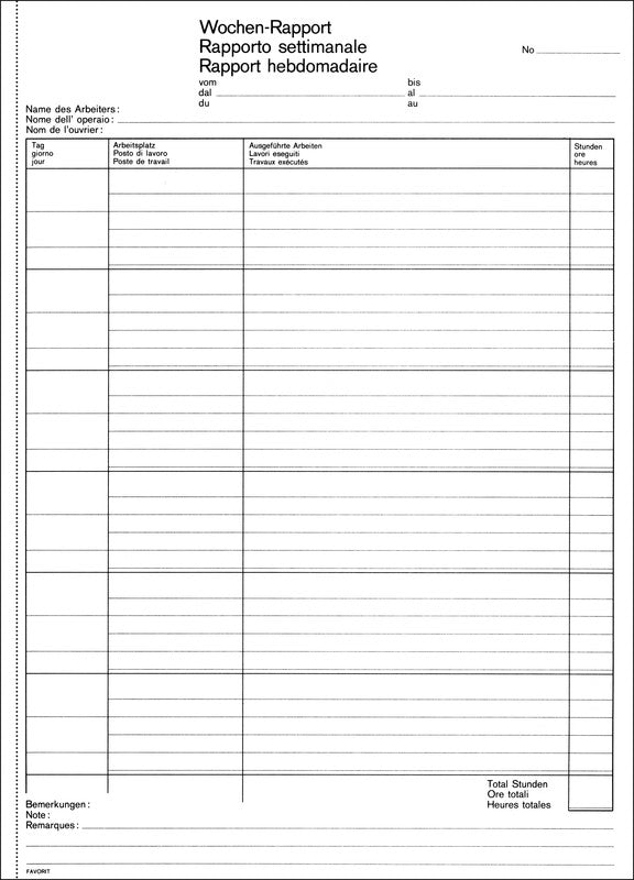Favorit Formularblock – Wochen-Rapporte, mehrsprachig, 50 Blatt, A4