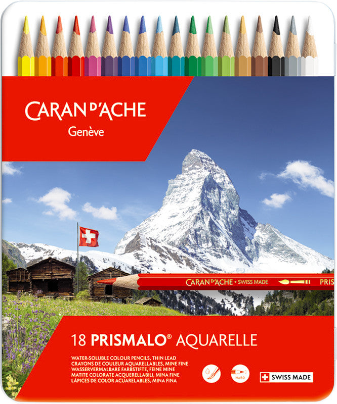 Caran d-Ache Caran d'Ache Prismalo Aquarellfarbstifte – 18 Farben, im Metalletui, Ø 3 mm, FSC