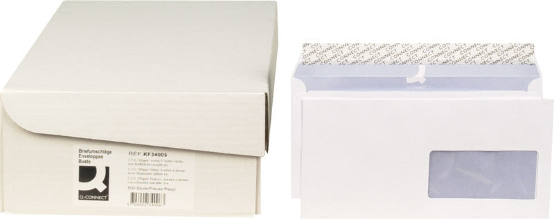 Q-CONNECT Couvert C5/6, Fenster rechts, Haftklebung, weiss, 100 g/m² – 500 Stk.