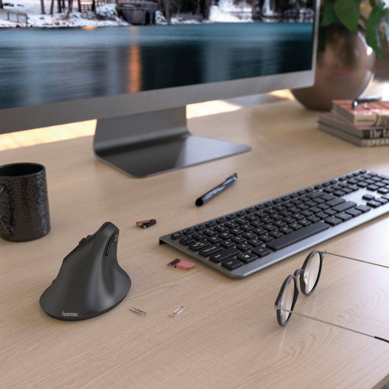 Hama EMW-500L Ergonomische Maus – kabellos, USB-A, 6 Tasten, für Linkshänder, vertikal, schwarz