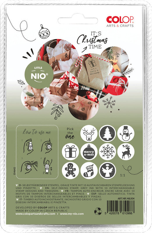 Colop Little NIO Rundstempel – Weihnachten, selbstfärbend, 10 Motive, Ø 17 mm, Kissen grau, Englisch