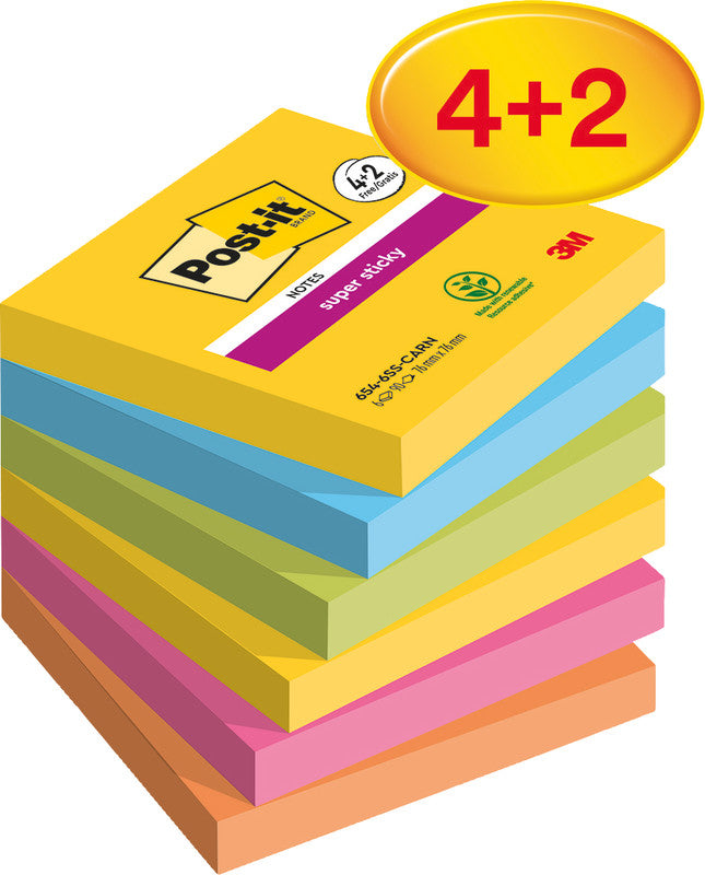 Post-it Super Sticky Haftnotizen – 76×76 mm – sortiert, 6×90 Blatt, PEFC