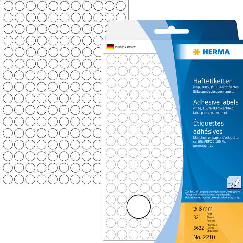 HERMA Haftetiketten – rund Ø 8 mm, permanent, weiss, 32 Blatt (5'632 Stk.)