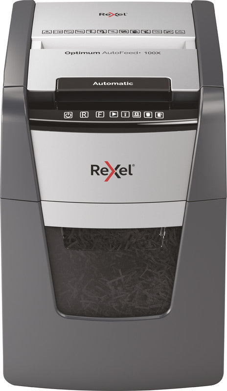 Rexel Optimum AutoFeed+ 100X – Aktenvernichter mit Autofeed 100 Blatt, DIN P-4, Partikelschnitt 4 × 28 mm, 34
