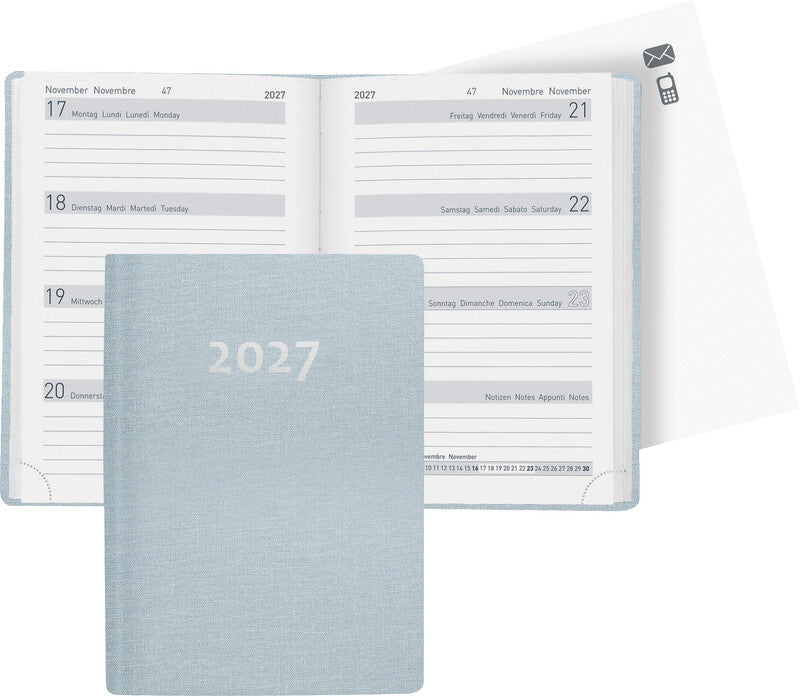 Biella Memento Agenda – 1 Woche/2 Seiten, Gebunden, 10,1 × 14,2 cm, 2027, Mehrsprachig, Hellblau, FSC