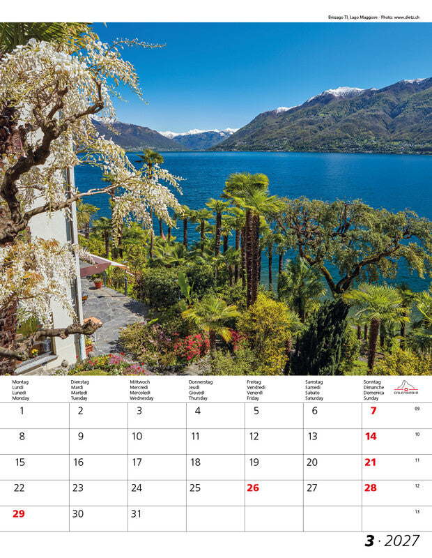 Calendaria Berge und Täler der Schweiz – Bildkalender Schweiz 2027 – 30 × 40 cm – Kalendarium d/f/i/e