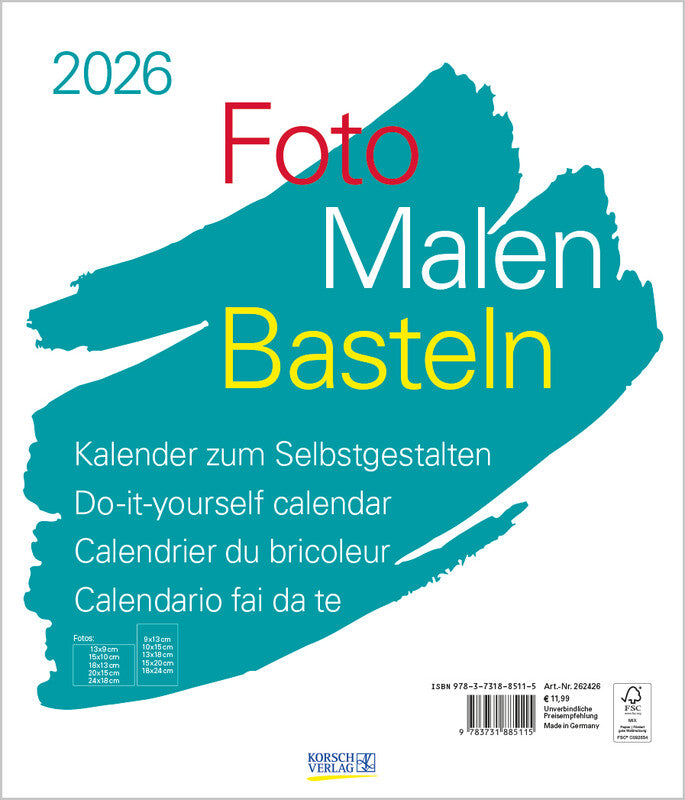 Korsch Bastelkalender 2026 – 30 × 35 cm – mit Tagesfeldern, mit Aufhänger