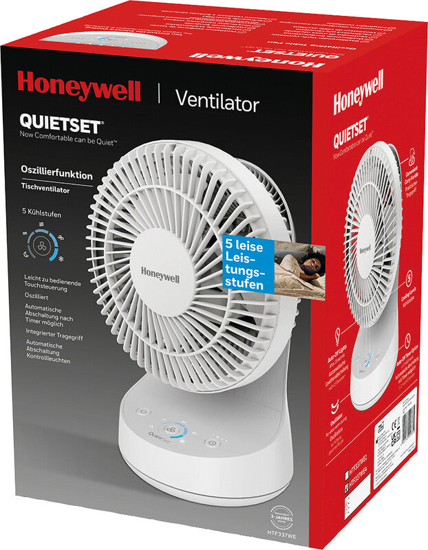 Honeywell Tischventilator QuietSet HTF337EW – 34 W, 5 Stufen, 80°, Timer, Netz, Weiss – 230 × 330 × 192 mm