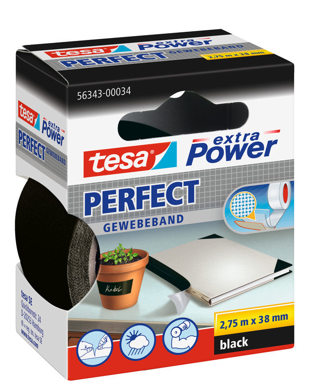 TESA Verpackungsband – permanent, strukturiert, Zellwollgewebe, 38 mm × 2,75 m, schwarz, Kern Ø 26 mm