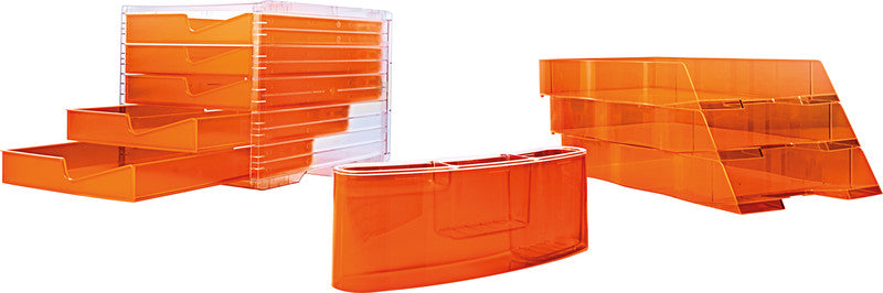 Styro Briefkorb – mit Griffausschnitt, mit Beschriftungsfeld, glänzend, orange, B 255 × H 62 × T 360 mm