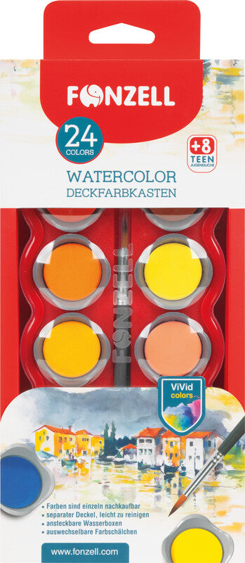 Fonzell Deckfarbkasten – 24 Farben, sortiert, mit Pinsel