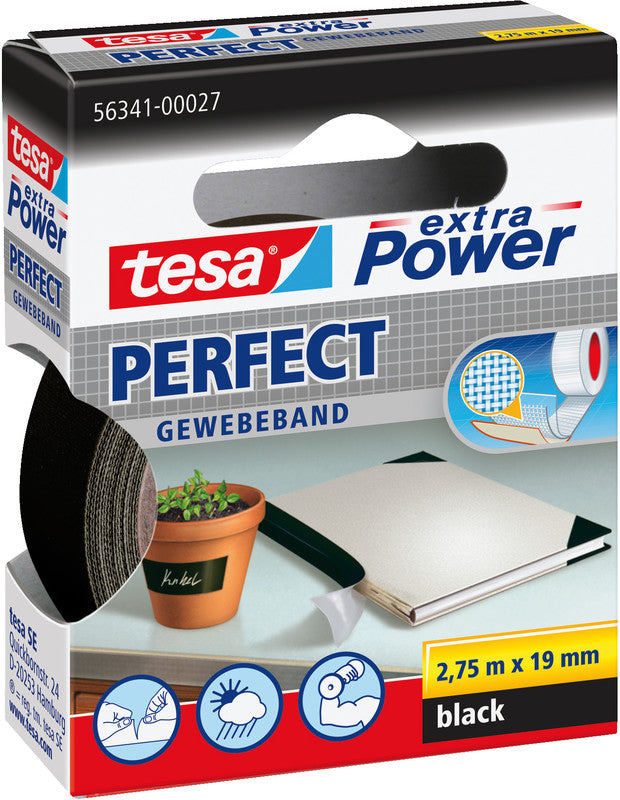 TESA Klebeband extra Power Perfect – permanent, strukturiert, 19 mm × 2,75 m, schwarz