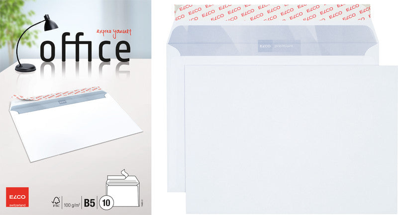 Elco Couvert B5, ohne Fenster, selbstklebend, hochweiss, 100 g/m², mit Innendruck – 10 Stk.