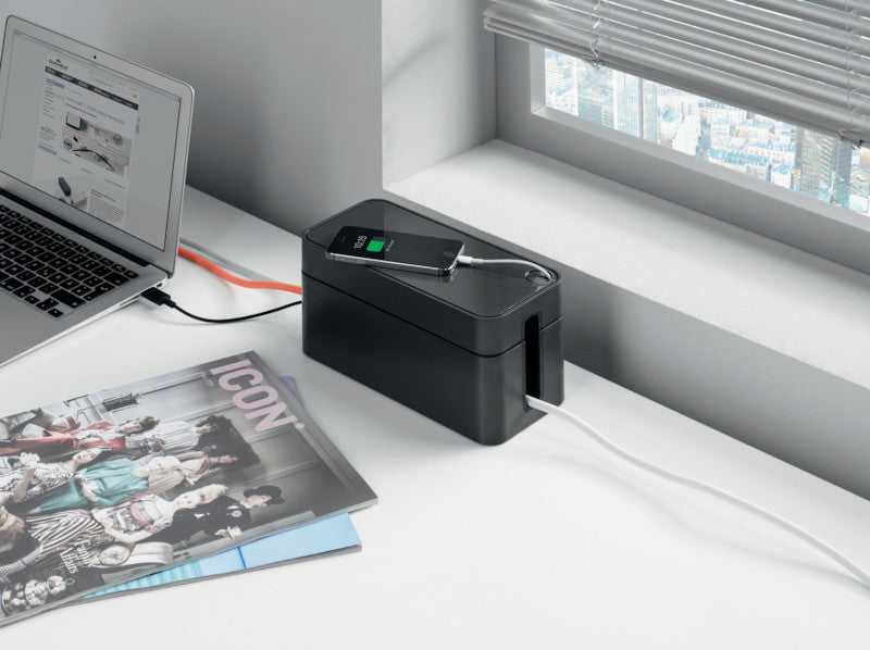 Durable Kabelbox – 246 × 128 mm, Kunststoff, Graphit, rutschfeste Gummifüsse, für 3fach-Steckdosenleiste