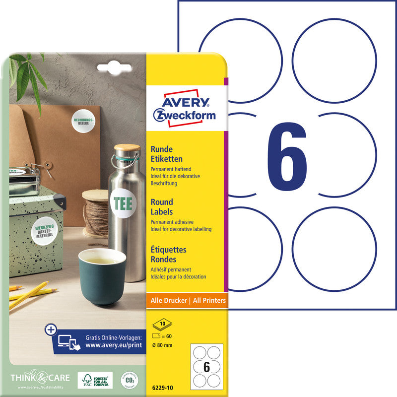 Avery Druckeretiketten, Ø 80 mm, weiss, Papier, permanent, 60 Etiketten (10 Blatt)