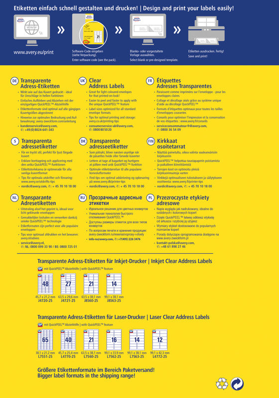 Avery Inkjet-Etiketten, 99 mm × 38 mm, transparent, Folie, permanent, 25 Blatt (350 Etiketten)