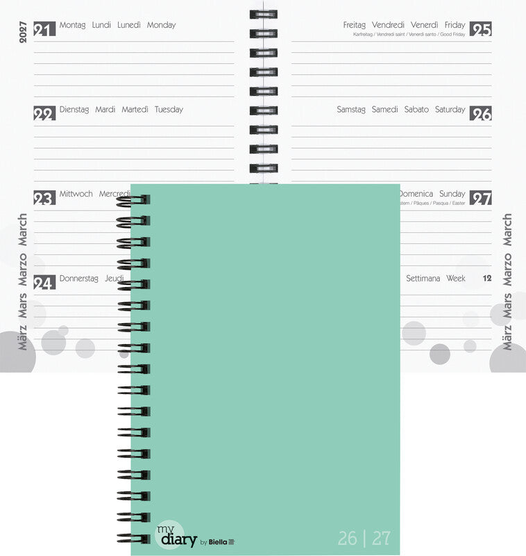 Biella mydiary Schüleragenda – 1 Woche/2 Seiten, Wire-O, 12 × 16,5 cm, Aug–Jul, Jelly Mint, FSC