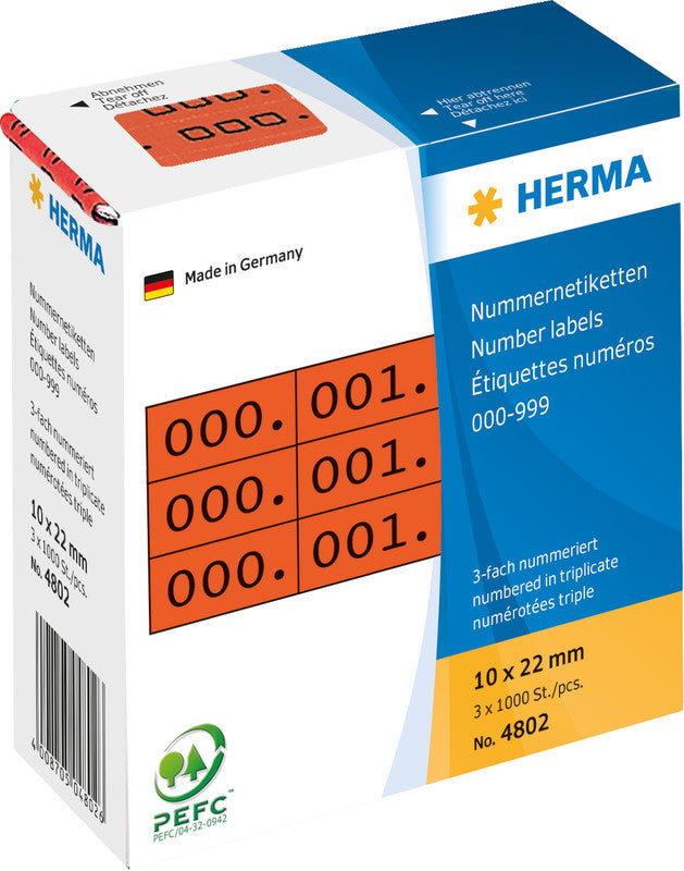 HERMA Nummernetiketten – rechteckig 10 × 22 mm, permanent, rot, nummeriert, 3 Rollen (3'000 Stk.)