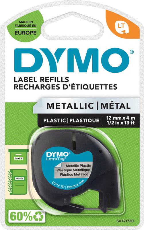 DYMO Schriftband – 12 mm × 4 m, silber, schwarz