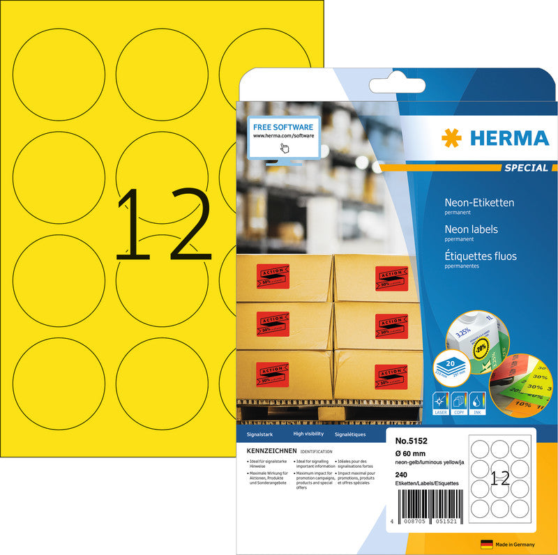 HERMA Etiketten auf Bögen, Ø 60 mm, Neongelb, Papier, Selbstklebend, 20 Blätter (240 Etiketten)