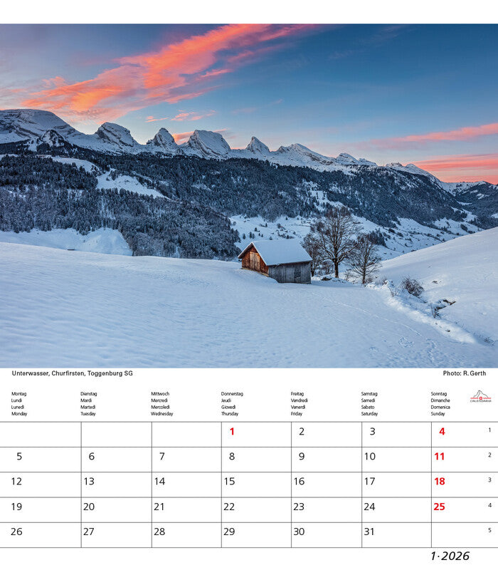 Calendaria Bildkalender Schweiz 2026 – 21 × 24 cm – mit Tagesfeldern, mit Aufhänger