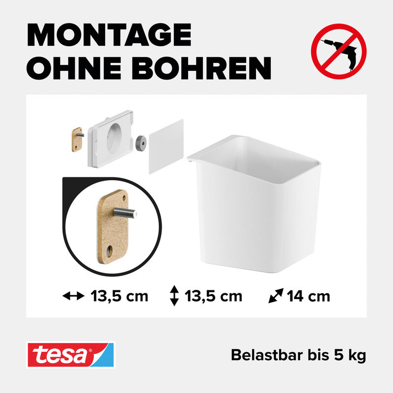 TESA Kräuterkopf – Power.Kit-Befestigung, wieder ablösbar, belastbar bis 5 kg – ABS – Weiss – 13,5 × 13,5 × 14