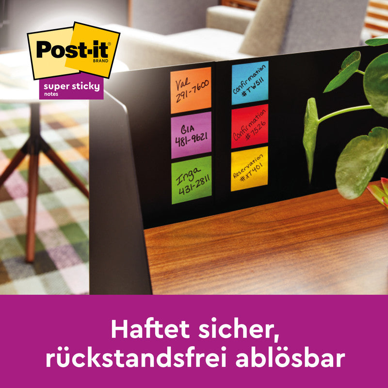 Post-it Super Sticky Haftnotizen – 76×76 mm – sortiert, 6×90 Blatt, PEFC