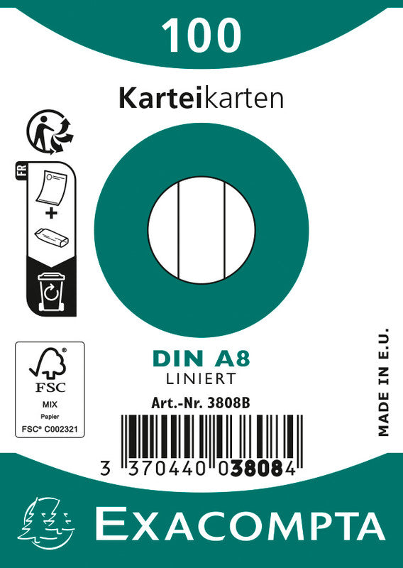 Exacompta Karteikarte A8 quer, liniert, weiss, 205 g/m², Karteikarton – 100 Stück