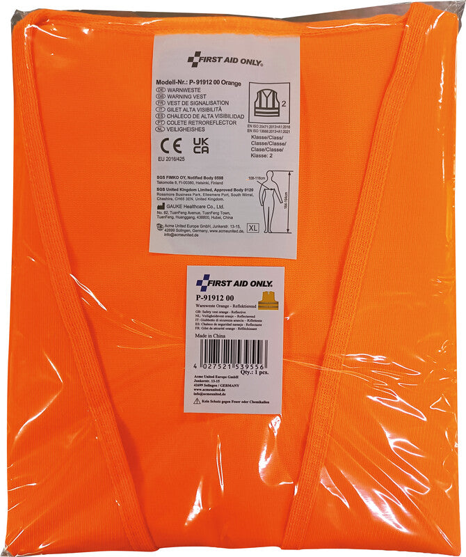 First aid only Sicherheitsweste, Klasse 2 – Orange, XL, 2 Klettverschlüsse, EN ISO 20471, EN ISO 13688