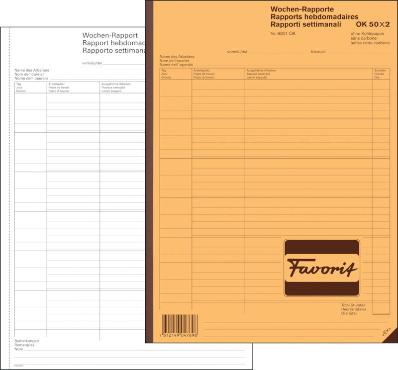 Favorit Formularblock – Wochen-Rapporte, mehrsprachig, 50 Blatt, A4