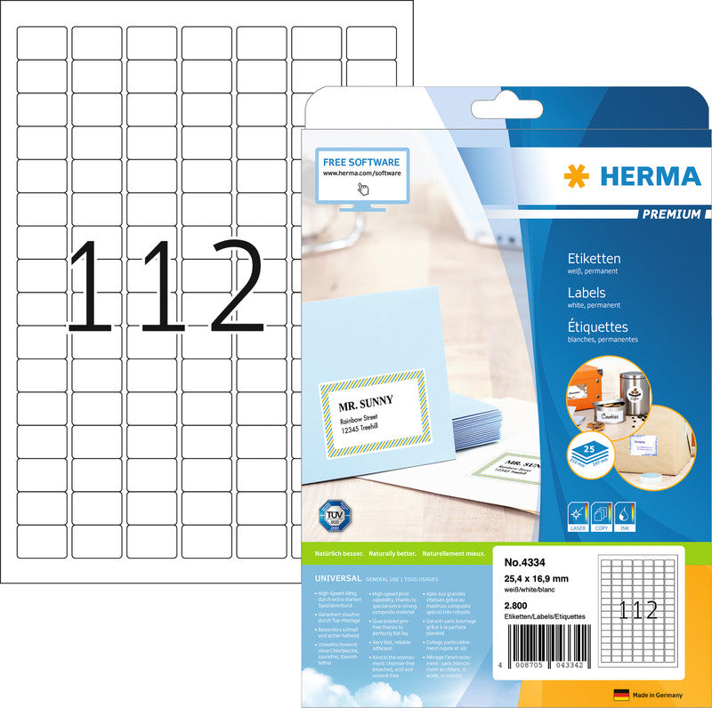 HERMA Etiketten, 25 mm × 17 mm, weiss, Papier, permanent, 2800 Etiketten (25 Blatt)