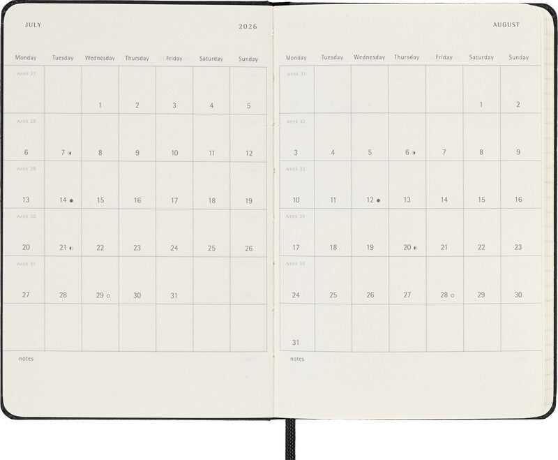 Moleskine Hardcover Wochenagenda – 1 Woche/2 Seiten, gebunden, 9 × 14 cm, 2026, Englisch, Schwarz, FSC