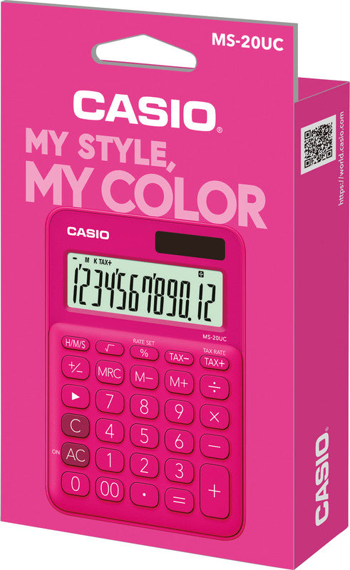 Casio Tischrechner MS-20UC – 12-stellig, LCD, Solar + Batterie, rot, 105×150×23 mm