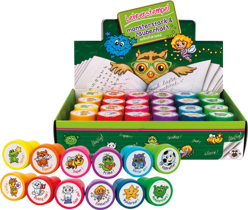 Trendhaus Lehrerstempel-Set Monsterstark und Zauberhaft – 12er-Set, selbstfärbend, Kunststoff, Ø 26 mm