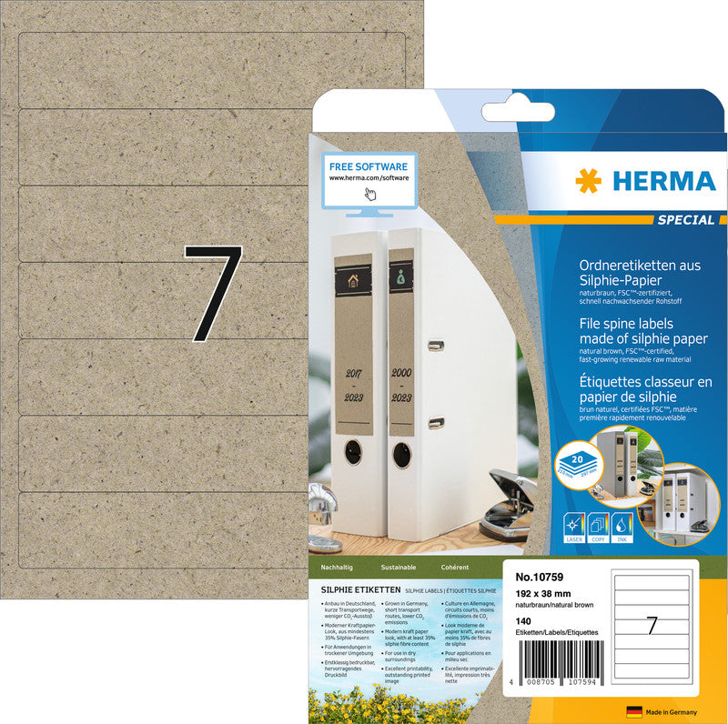 HERMA Etiketten, 192 mm × 38 mm, braun, Papier, permanent, 20 Blätter (140 Etiketten)
