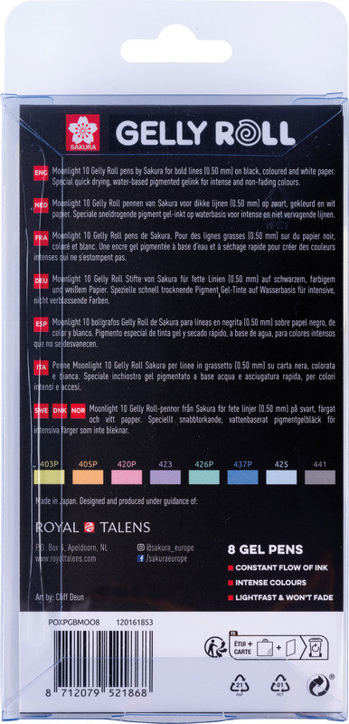Sakura Moonlight Pastell Gelschreiber 8er Set – 8 Farben, 0,5 mm, schnelltrocknend, für dunkles Papier, Kappe