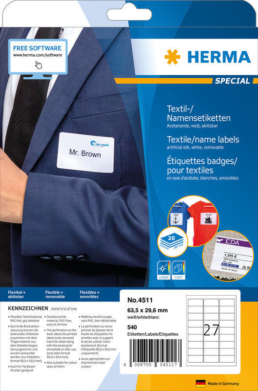 HERMA Schuletiketten – 63,5×29,6 mm, Abgerundete Ecken, 540 Stk, 20 Bogen, Textil, Ablösbar