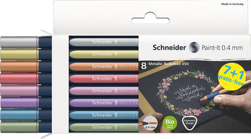 Schneider Schreibgeräte Paint-It 050 – Tintenroller-Set, schnelltrocknend, 0,4 mm, farbig sortiert, 8er Etui